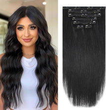 Load image into Gallery viewer, Natural Black Clip-in Hair Extensions – 18 Inch Real Human Hair
