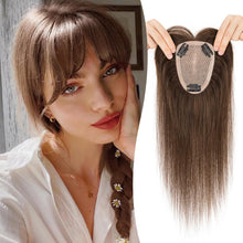 Load image into Gallery viewer, Human Hair Topper with Bangs, 100% Remy Toppers Hair Pieces for Women, No Tangle &amp; Smooth, Clip-in Bangs 10 Inch Chocolate Brown
