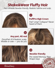 Load image into Gallery viewer, Long Wavy Wig With Bangs PuffPro Voluminous High Crown 4x4 Parting Latte Brown Balayage
