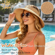 Load image into Gallery viewer, Women's UV UPF 50 Straw Sun Visor Hat Foldable Wide Brim Ponytail Summer Packable Travel

