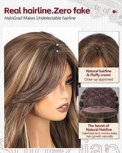 Load image into Gallery viewer, Long Wavy Wig With Bangs PuffPro Voluminous High Crown 4x4 Parting Latte Brown Balayage
