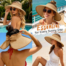 Load image into Gallery viewer, Women's UV UPF 50 Straw Sun Visor Hat Foldable Wide Brim Ponytail Summer Packable Travel
