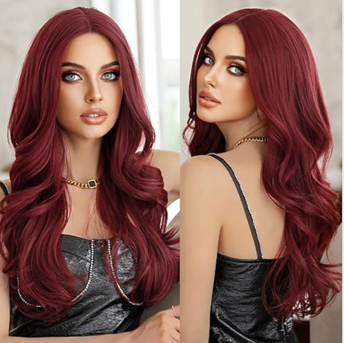 Long Wavy Red Wig Middle Part Lace Front Wig