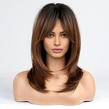 Load image into Gallery viewer, Medium length layered heat resistant wig with bangs Wig Store
