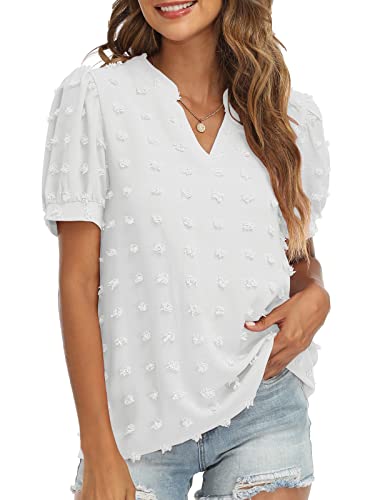 V Neck Puff Short Sleeve Ladies Top Womens Clothes Sale