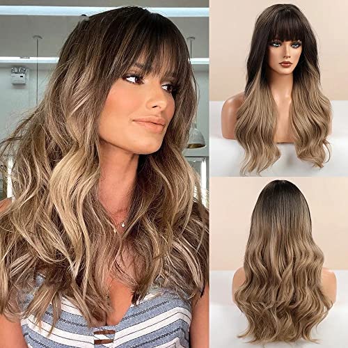 Heat Friendly Long Wavy Ombre Dark Brown Hair Wig with Bangs Wig Store