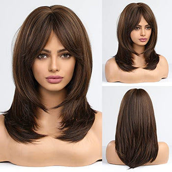 Medium length layered heat resistant wig with bangs Wig Store