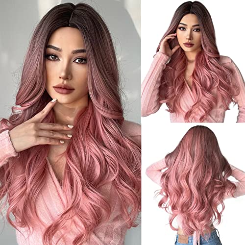 Pink Synthetic Wig with Center Part Wig Store