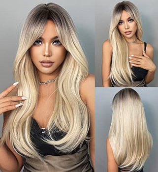Blonde Wavy 22 Inch  Hair Wig with Curtain Bangs Wig Store
