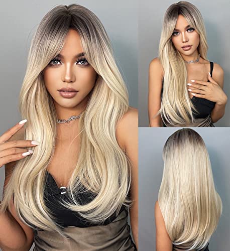 Blonde Wavy 22 Inch  Hair Wig with Curtain Bangs Wig Store