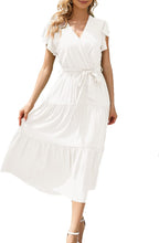 Load image into Gallery viewer, Ruffle Cap Sleeve A-Line Pleated Midi Dress with Belt
