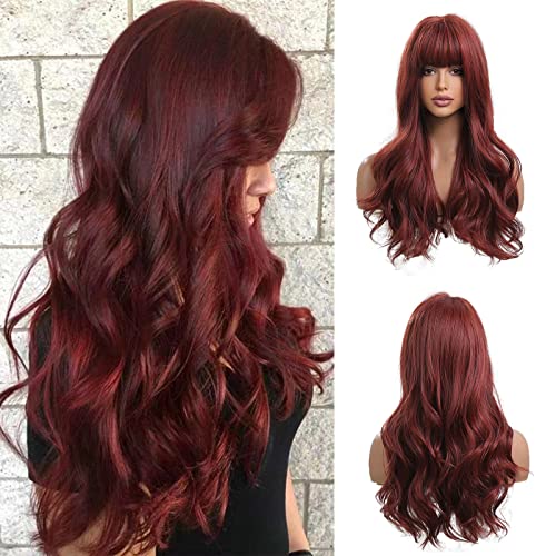 Long Wavy Burgundy Heat Resistant Wig with bangs Wig Store