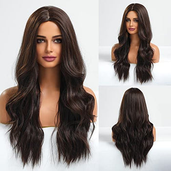 24 inch Wavy Long Brown Middle Parting Heat Resistant Synthetic Wig Wig Store
