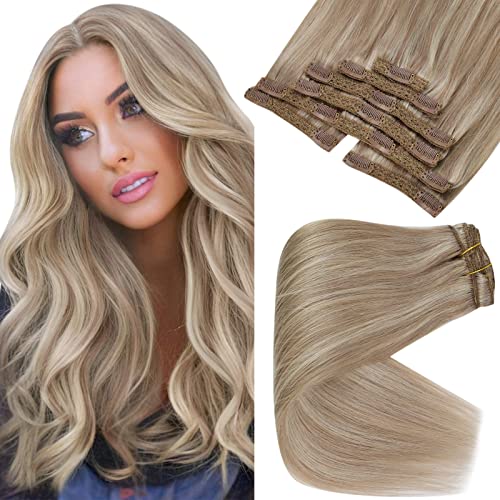 Double Weft Ash Blonde Mix Bleach Blonde Human Hair Clip on Hair Extensions Wig Store
