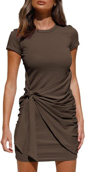 Ladies Short Sleeve Tie Front Ruched Mini Dress