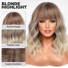 Load image into Gallery viewer, Mid Length Wavy Wig with Bangs and Highlights
