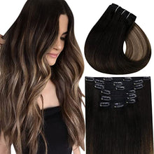 Load image into Gallery viewer, Clip in Balayage Chocolate Brown to Caramel Blonde and Brown Human  Hair Extensions Wig Store
