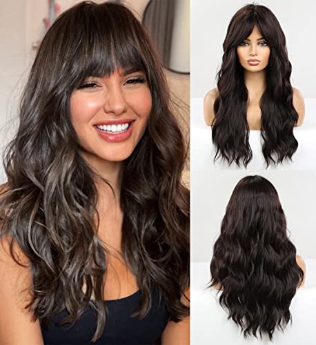 Dark Brown Wavy Wig with Blunt Bangs Wig Store