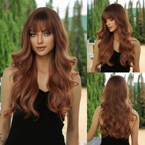 Heat Resistant Wig Ombre Ginger with Bangs Synthetic Wig