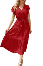 Load image into Gallery viewer, Ruffle Cap Sleeve A-Line Pleated Midi Dress with Belt
