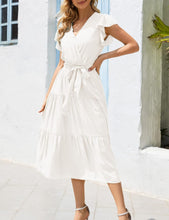 Load image into Gallery viewer, Ruffle Cap Sleeve A-Line Pleated Midi Dress with Belt
