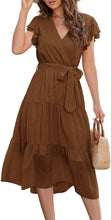 Load image into Gallery viewer, Ruffle Cap Sleeve A-Line Pleated Midi Dress with Belt
