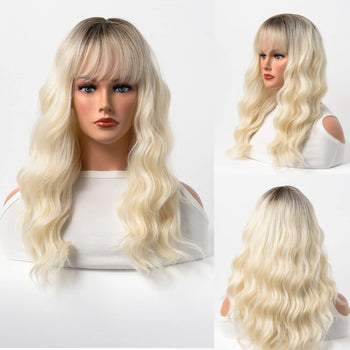 Wavy Heat Resistant Synthetic Hair with Flat Straight Bangs Synthetic Wig