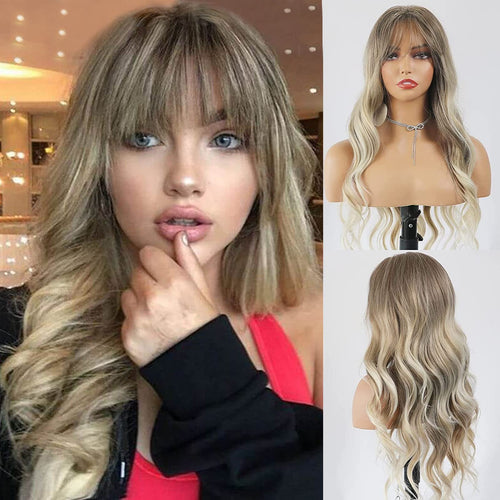 Long Body Wave Wigs with Bangs for Women Ash Blonde Synthetic Wigs
