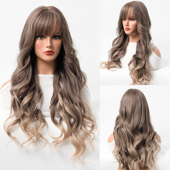 Heat Resistant Long Wavy Wigs with Bangs