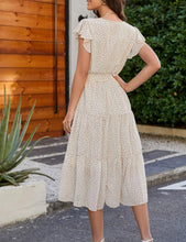 Load image into Gallery viewer, Ruffle Cap Sleeve A-Line Pleated Midi Dress with Belt
