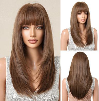 Long Straight Brown Wig with Fringe Synthetic Wig