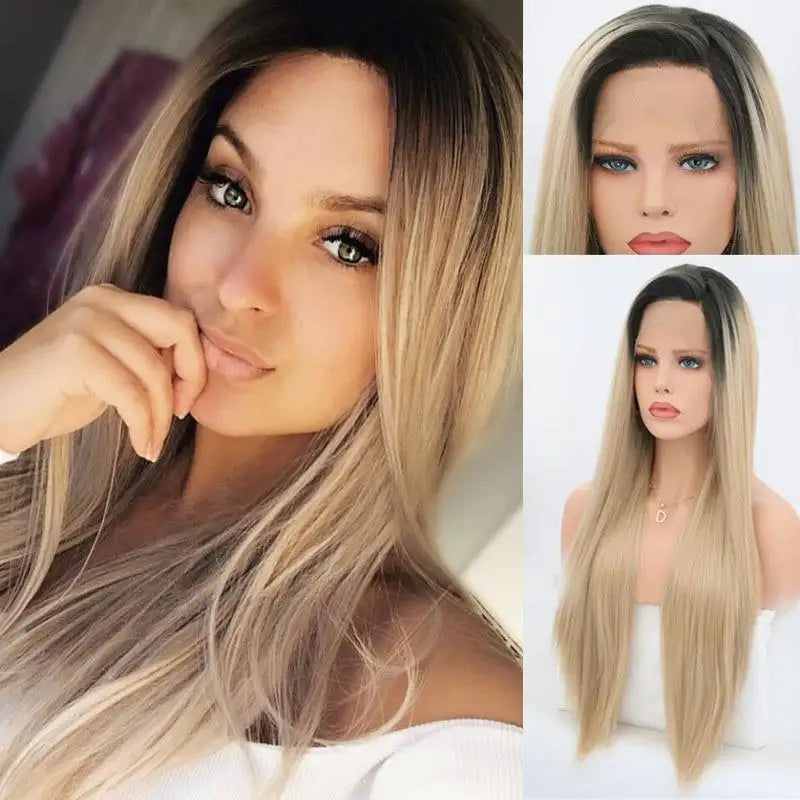 ash blonde ombre lace wigs heat resistant wig with black root