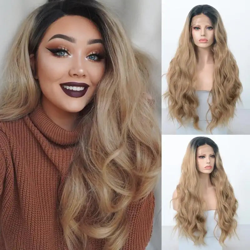 ashlee body wave synthetic lace front wig dark roots ombre wig