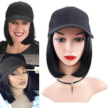 Load image into Gallery viewer, baseball cap wig with synthetic hair extension bob,black
