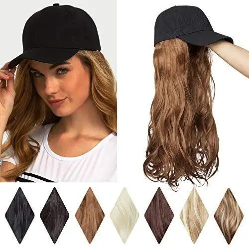 black baseball cap with 19 inch wavy hair extensions hat with wave hair / light brown/wave hair