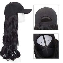 Load image into Gallery viewer, black baseball cap with 19 inch wavy hair extensions
