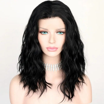 black wavy middle parting hand tied glueless heat resistant synthetic lace front wig 14inches