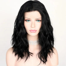 Load image into Gallery viewer, black wavy middle parting hand tied glueless heat resistant synthetic lace front wig 14inches
