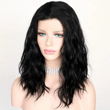 Load image into Gallery viewer, black wavy middle parting hand tied glueless heat resistant synthetic lace front wig
