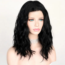 Load image into Gallery viewer, black wavy middle parting hand tied glueless heat resistant synthetic lace front wig
