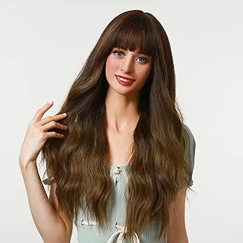 brown blend heat-resistant wig with bangs