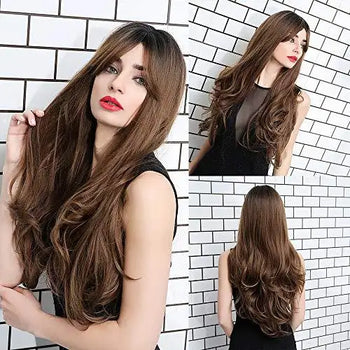 extra long brown hair wig with bangs ombre brown with bang