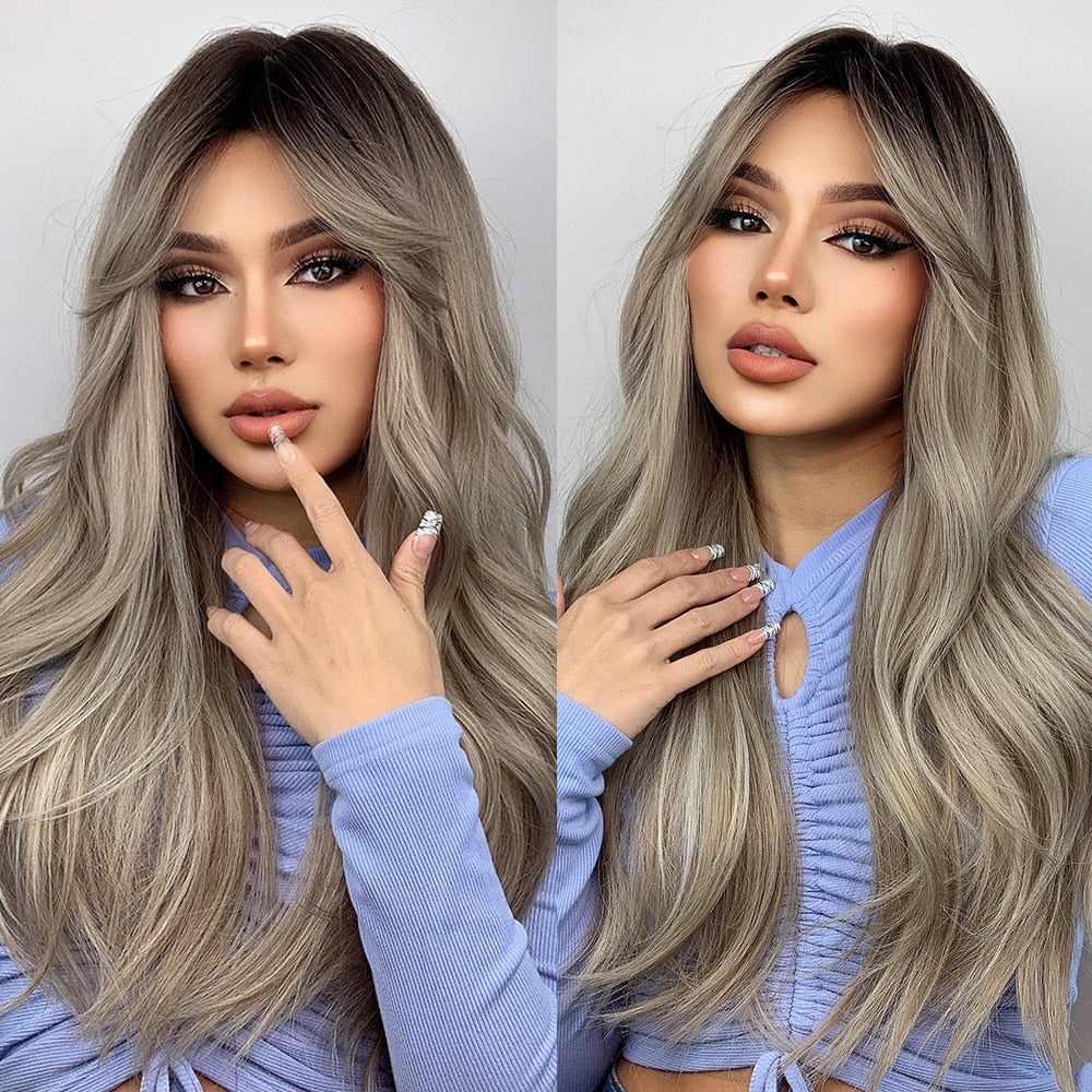 Long Gray Ash White Ombre Synthetic Wig Heat Resistant Hair Wig Store