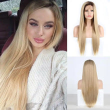 Load image into Gallery viewer, janey full density straight hair blonde lace front wig with dark brown roots
