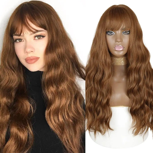 justine long water wave synthetic wigs with bangs