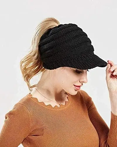knitted ponytail beanie hat 2pc set