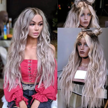 kylee - long ash blonde ombre lace front human hair 13x4 brazilian remy wave wig