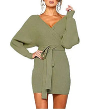 Load image into Gallery viewer, ladies knitted wrap around sweater dress light green / small
