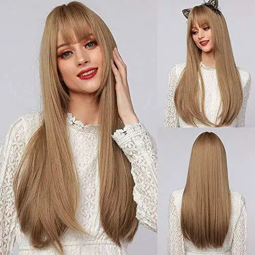 light brown blonde ombre long straight synthetic heat resistant wig mix blonde
