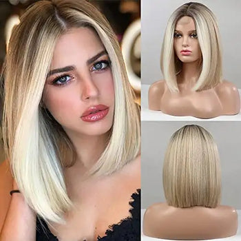 light ombre blonde lace front bob wigs with middle part bob hair wig